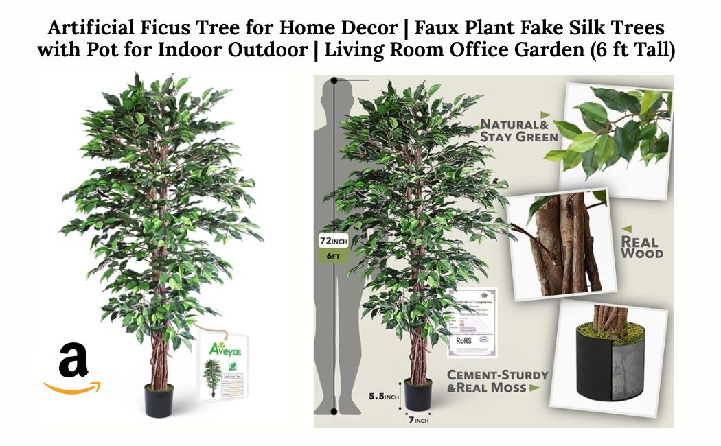 Most realistic 6ft Artificial Ficus Tree for Home Decor, 6 Feet Faux Plant Fake Silk Trees with Pot for Indoor Outdoor House Living Room Office Garden (6 ft Tall)