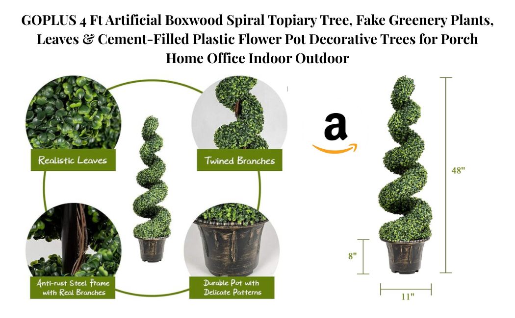 GOPLUS 4 Ft Artificial Boxwood Spiral Topiary Tree, Fake Greenery Plants, Leaves & Cement-Filled Plastic Flower Pot Decorative Trees for Porch Home Office, Indoor and Outdoor. The most realistic artificial bonsai tree with Bonsai Review