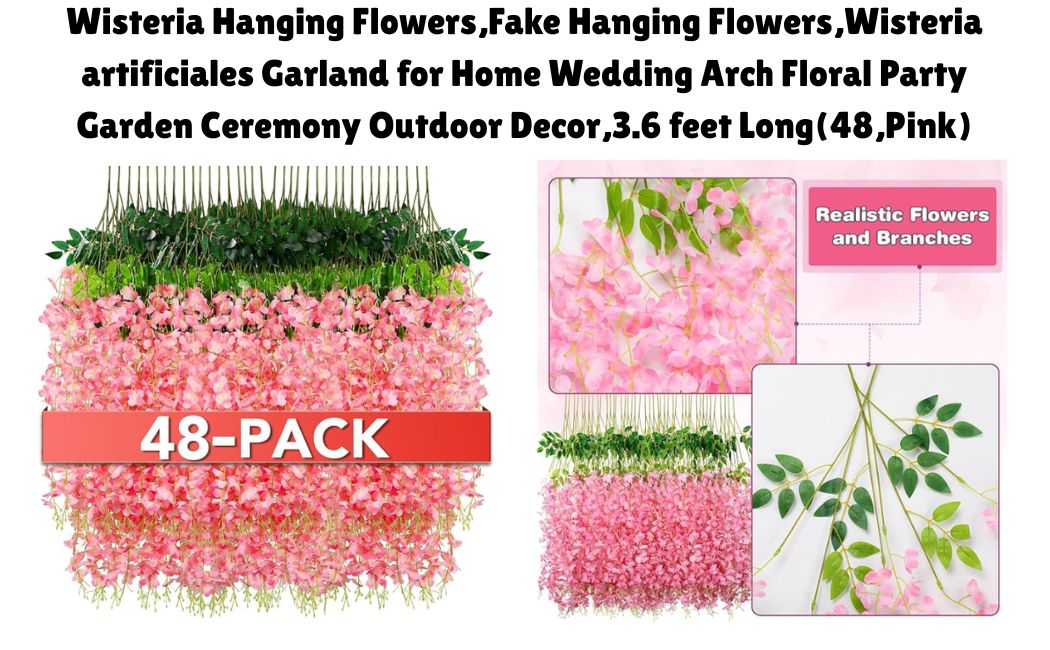 Wisteria Hanging Flowers,Fake Hanging Flowers,Wisteria artificiales Garland for Home Wedding Arch Floral Party Garden Ceremony Outdoor Decor,3.6 feet Long(48,Pink)