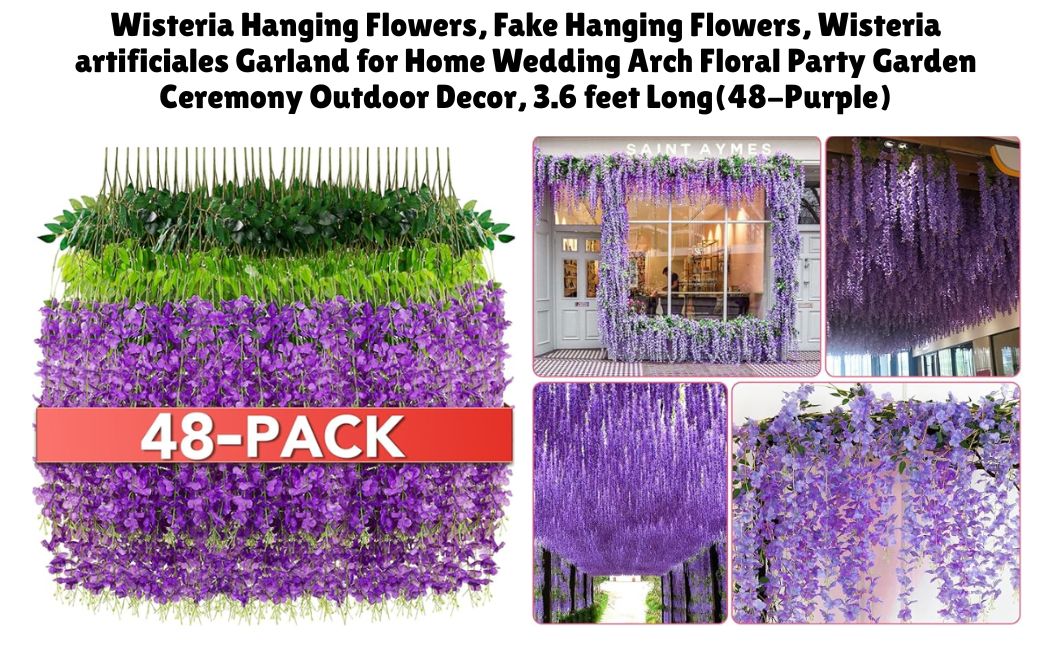 Wisteria Hanging Flowers, Fake Hanging Flowers, Wisteria Artificiales Garland for Home Wedding Arch Floral Party Garden Ceremony Outdoor Decor,3.6 feet Long(48-Purple) with bonsai review