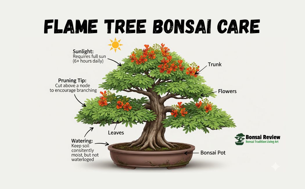 Flame Tree bonsai care from seed to blooming in the USA with bonsai review