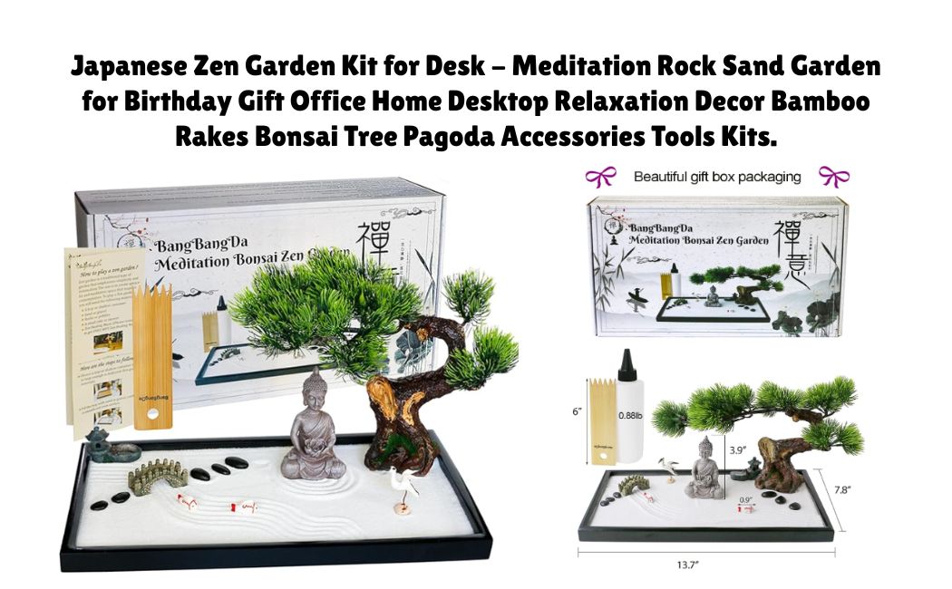 Japanese Zen Garden Kit for Desk Meditation Rock Sand Garden for Birthday Gift Office Home Desktop Relaxation Decor Bamboo Rakes Bonsai Tree Pagoda Accessories Tools Kits