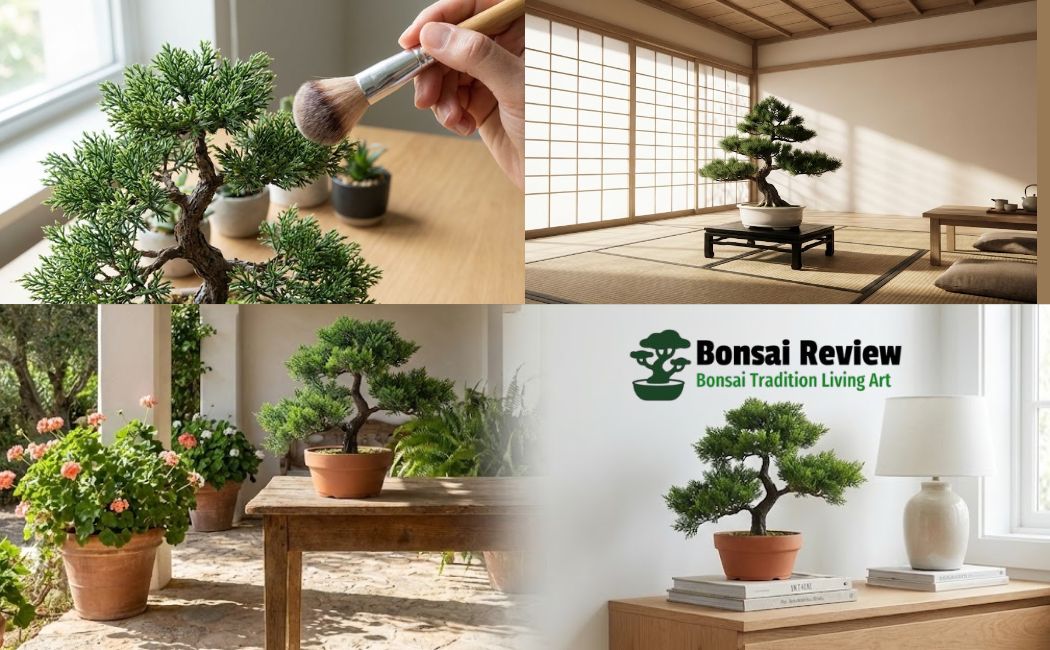 Best bonsai in a ceramic pot on a wooden desk, realistic artificial bonsai for office decor with Bonsai Review