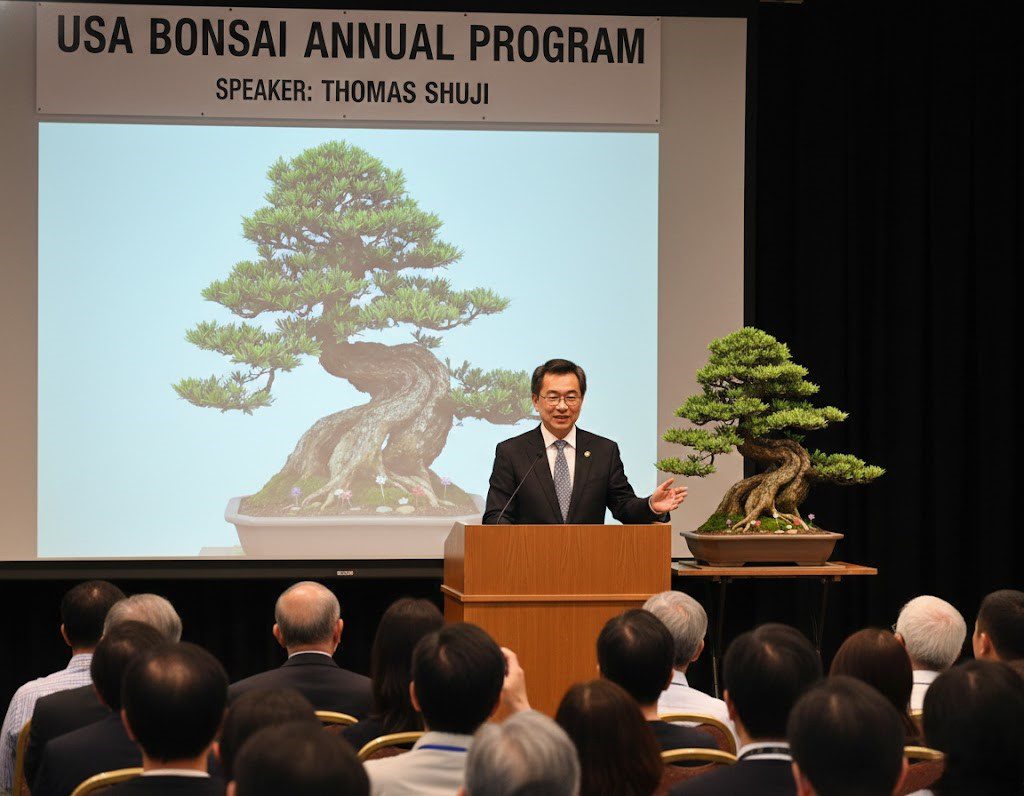  Thomas Shoji holding a small juniper bonsai tree outdoors
